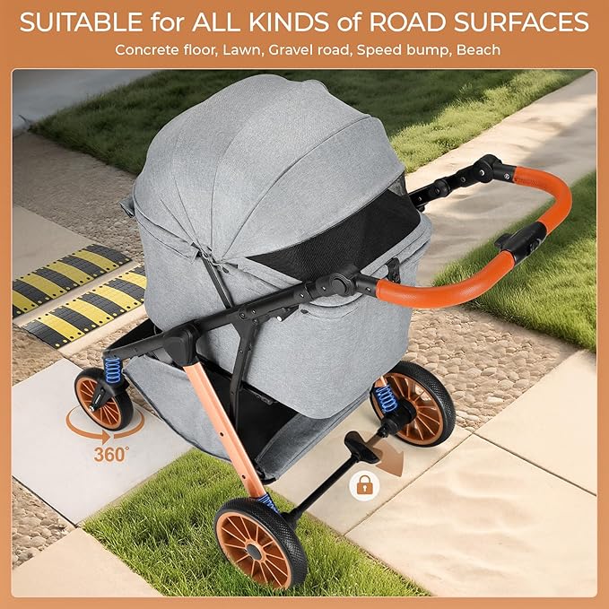 MAMIZO Foldable Dog Stroller for Medium Dogs Cats Up to 55 Lbs, Adjustable Height Handle, Pet Stroller with Aluminum and Carbon Steel Frame, Sun Shades, Storage Basket & Shock Absorbers, All-Terrain