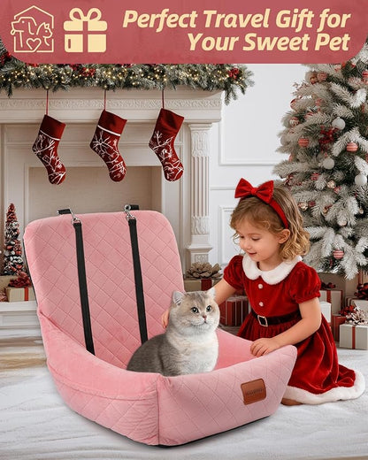 WOOAIDAGG Dog Car Seat for Small Dogs Up to 25lbs,Soft Washable Fabric Fill in Memory Foam,Easy to Assemble with 2 Clip-On Safety Leashes and Storage Pockets,Front or Back Seat are Both OK (Pink)