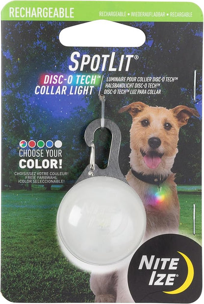 Nite Ize SpotLit Rechargeable Collar Light - Disc-O Tech - Clip-On Pet Accessory for Nighttime Visibility - Color-Changing LED - Stainless Steel Carabiner Clip - Weather-Resistant