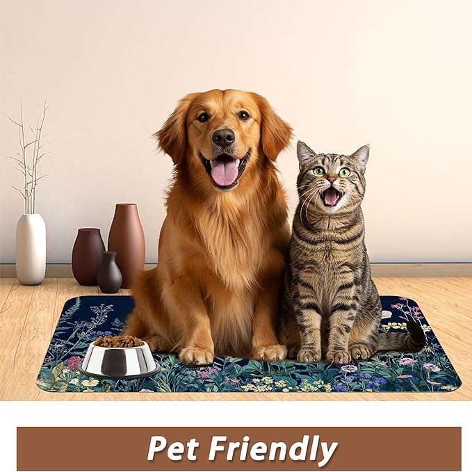 Wildflower Spring Floral Dog Cat Food Mat,Garden Flowers Absorbent Pet Feeding Mat for Food and Water,Non-Slip Dog Bowl Mats Floor Protector 16"x24"
