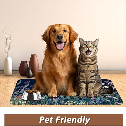 Wildflower Spring Floral Dog Cat Food Mat,Garden Flowers Absorbent Pet Feeding Mat for Food and Water,Non-Slip Dog Bowl Mats Floor Protector 16"x24"