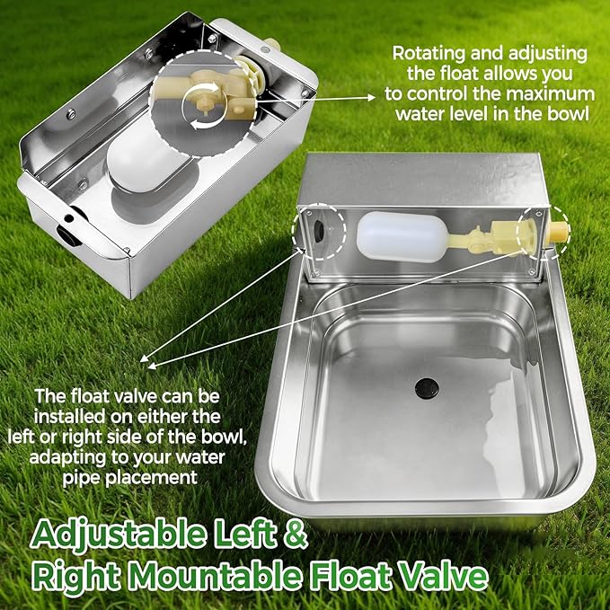 Automatic Dog Water Dispenser with Drain Hole & Sink Strainer, Stainless Steel Auto Dog Water Bowl with Float Valves, Hose Quick Connect Fitting, for Livestock, Chicken, Horse (4 Gallons)