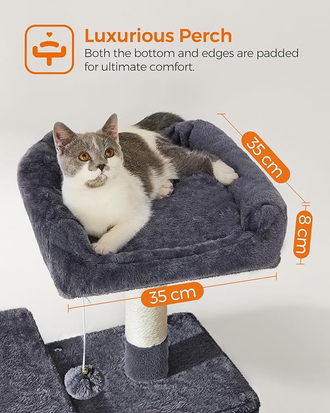 Feandrea Cat Tree, 55.1-Inch Cat Tower, Plush Multi-Level Condo with 4 Scratching Posts, 2 Perches, Hammock, Cave, Smoky Gray UPCT161G01
