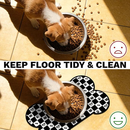 Pet Dog Cat Food Mat, Absorbent Bone Shaped Dog Bowl Mats for Food and Water, Non Slip Cute Footprint Dogs Cat Placemats Feeding Mat for Floors Puppy Pet Accessories Supplies 17"x30" Black White