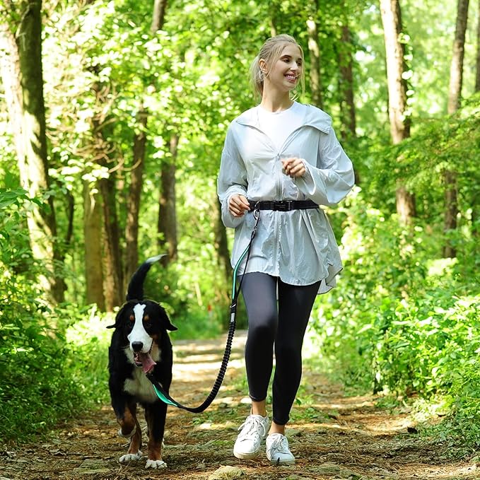 VIVAGLORY Hands Free Dog Leash Bungeeone Running Dog Leash with Waist Belt for Running Walking & Jogging, Bungee & Around Waist for Pet, S, Black/Turquoise