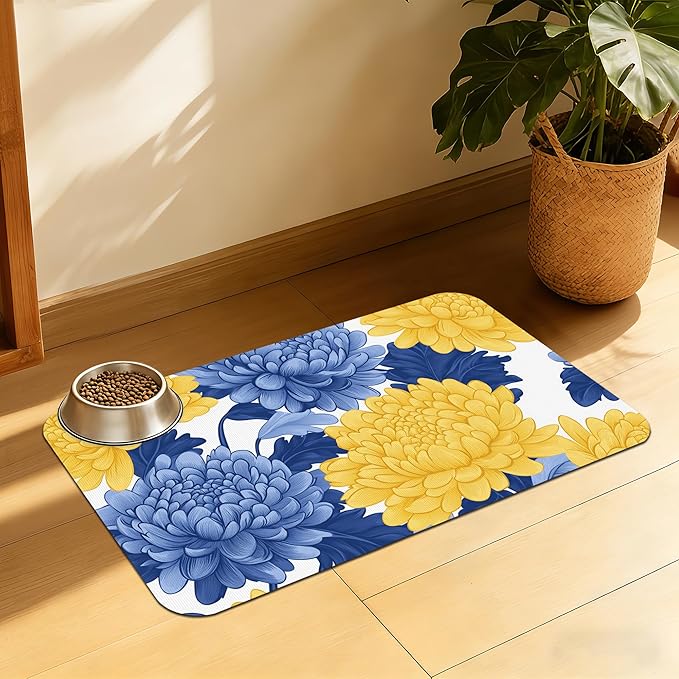 Blue Yellow Flowers Pet Feeding Mat, Quick Dry Absorbent Water Bowl Mat for Dogs and Cats, Anti-Slip Bottom, Indoor Use – 12x20 Inch