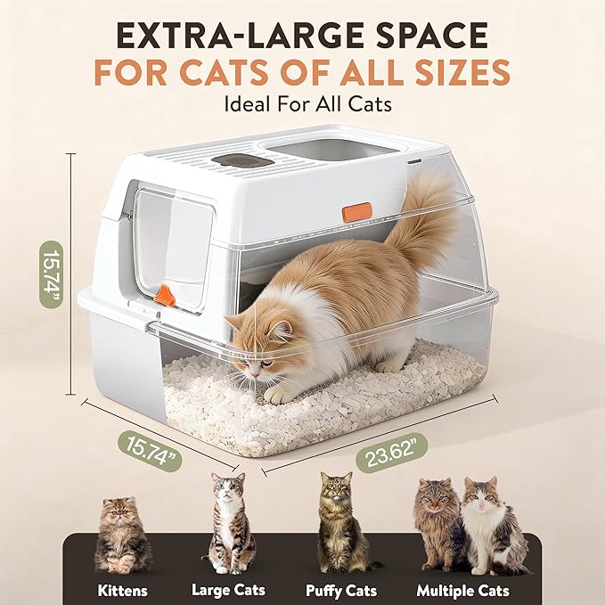 XL Stainless Steel Cat Litter Box with Enclosure and Pooper Scooper - Durable Black Metal Litter Box for Big Cats, High Sides for Anti-Leakage, Never Absorbs Odors, Non-Sticky - (60x40cm) (White)