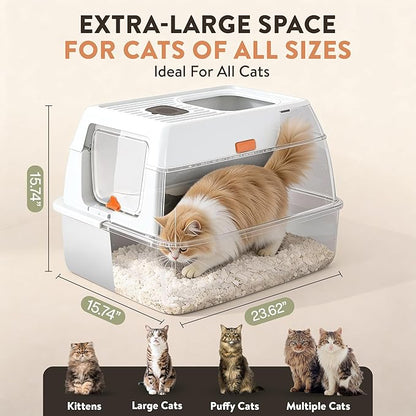 XL Stainless Steel Cat Litter Box with Enclosure and Pooper Scooper - Durable Black Metal Litter Box for Big Cats, High Sides for Anti-Leakage, Never Absorbs Odors, Non-Sticky - (60x40cm) (White)