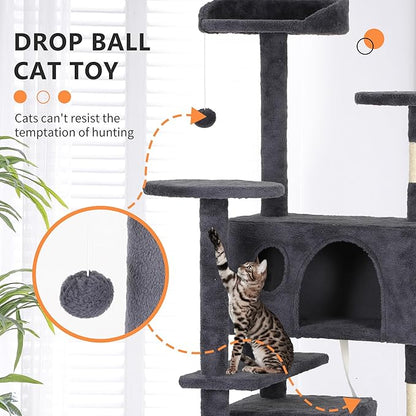 BestPet | 62" Cat Tree Tower | Dark Gray | Sturdy, Easy to Assemble, Multi-Level Activity Center with Sisal Scratching Posts, Condos, Perches, Hanging Cat Toys, Observation Decks & Ladder