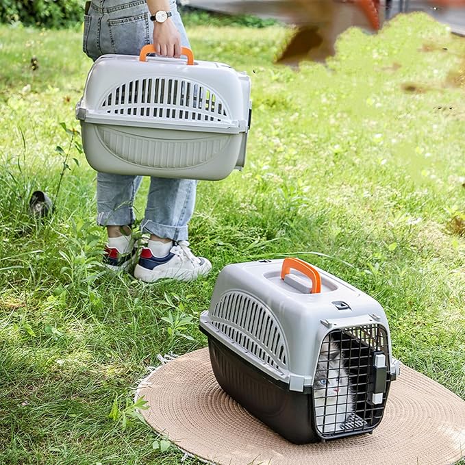 Plastic Pet Carrier, 18.9x12.6x12.6 inch Hard Sided Travels Cat Crate with Wire Door and Water Bowl Ventilation and Security Lock Design Portable Small Dog Kennel for Camping (Black)