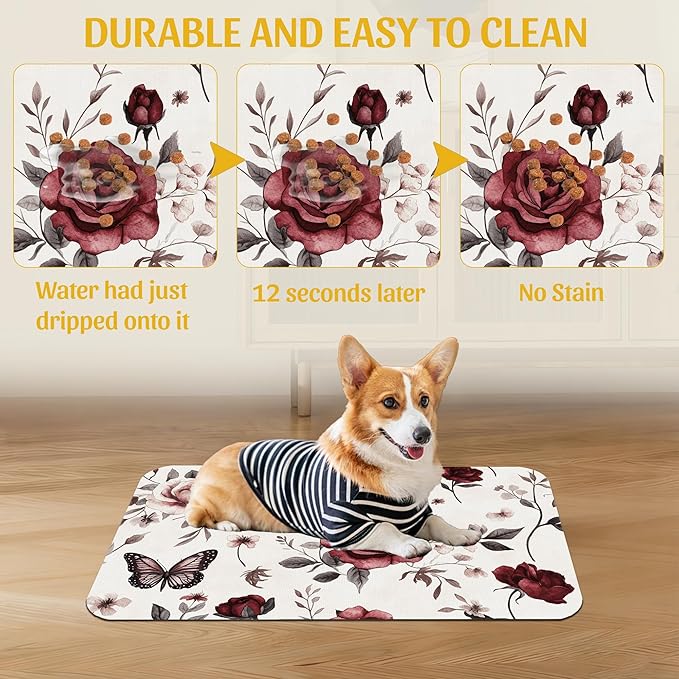 Vintage Flower Butterfly Dog Cat Food Mat, Absorbent Feeding Placemat, Waterproof Non-Skid Bottom – 12x20 Inch
