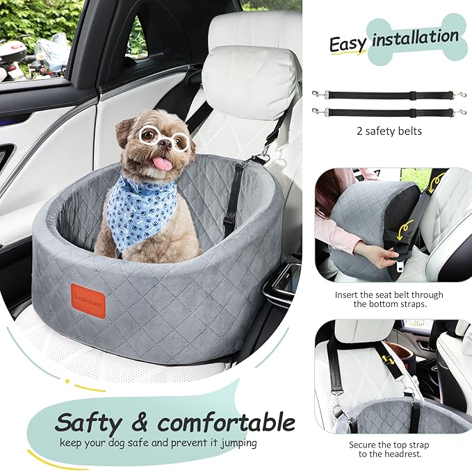 Lealchum Dog Car Seat for Small Dogs Up to 30 Lbs,Ultra Soft Fabric Fill in Comfy Memory Foam,Happy Pet Ride,2 Safety Dog Leashes,Fully Detachable and Washable,Anti Slip Base(Grey)