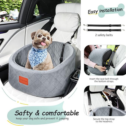 Lealchum Dog Car Seat for Small Dogs Up to 30 Lbs,Ultra Soft Fabric Fill in Comfy Memory Foam,Happy Pet Ride,2 Safety Dog Leashes,Fully Detachable and Washable,Anti Slip Base(Grey)