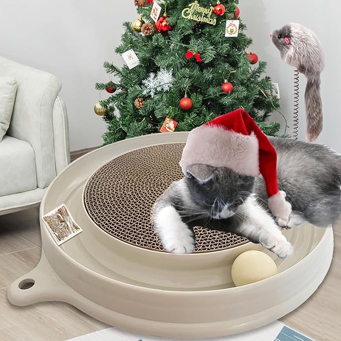 AUOON Cat Scratcher Toy with Ball Track - 3 in 1 Interactive Cat Toy, Cat Scratch Pad with Cat Ball Toy and Plush Cat Mouse Toy for Indoor Cats and Kittens (Milk Shake)