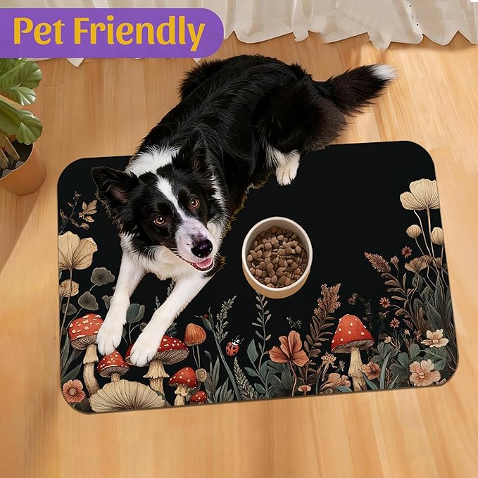 Vintage Mushroom Flower Pet Feeding Mat, Absorbent Dog Cat Bowl Pad, Fast Dry, Waterproof Rubber Back – 16x24 Inch