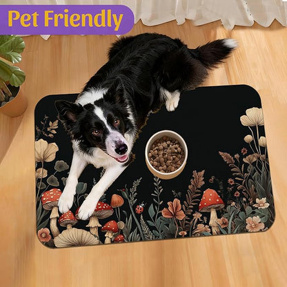 Vintage Mushroom Flower Pet Feeding Mat, Absorbent Dog Cat Bowl Pad, Fast Dry, Waterproof Rubber Back – 16x24 Inch
