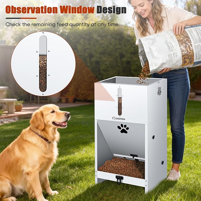 GADFISH 60 lbs Large Automatic Dog Feeder, Outdoor Heavy Duty Pet Feeder for Large Breed Dogs, with Viewing Window and Lockable Door