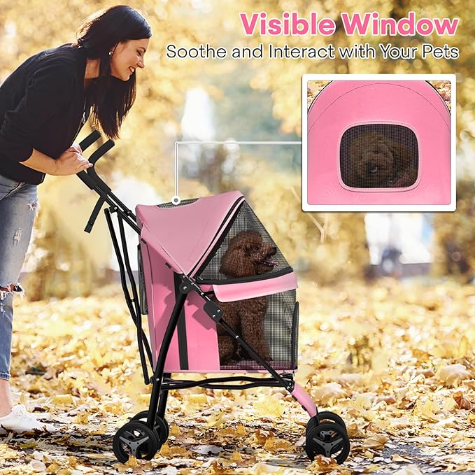 Dog Stroller for Small Dogs 10 lbs -22lbs Puppy Stroller Medium Dog Wagon Small Pet Stroller for Cats, Cat Strollers for 2 Cats, Rear Storage, Pink