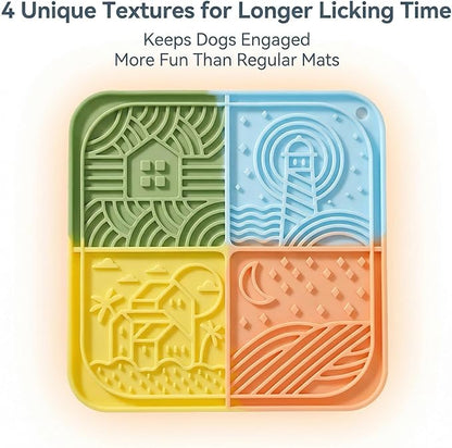 Dog Lick Mat with Suction Cups, 4-Texture Enrichment Slow Feeder for Dogs & Cats, Non-Slip Silicone Licking Pad for Anxiety Relief, Bathing & Training (Colorful)