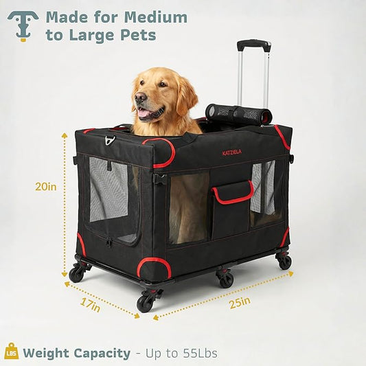 MegaCruze Rolling Pet Carrier for Medium & Large Dogs 25”x17”x20”. Lockable Wheels Zipper Locks Telescopic Handle Breathable Mesh, Removable Wheel Base, Stress-Free Travel Outdoor and Indoor