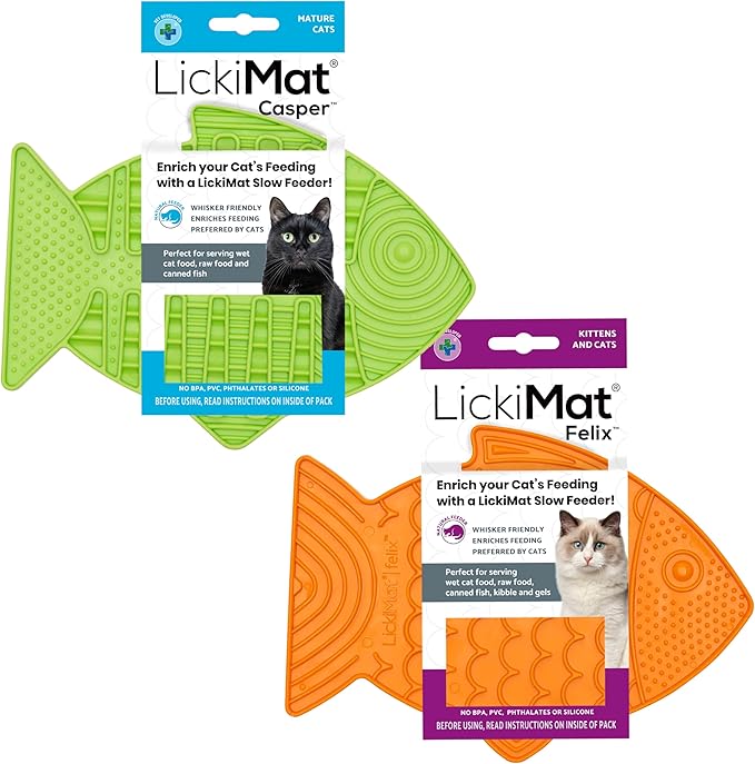 Lickimat Casper & Felix, Fish-Shaped Cat Slow Feeders Lick Mat, Boredom Anxiety Reducer; Perfect for Food, Treats and Anxiety Reduction. (Green & Orange)