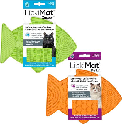 Lickimat Casper & Felix, Fish-Shaped Cat Slow Feeders Lick Mat, Boredom Anxiety Reducer; Perfect for Food, Treats and Anxiety Reduction. (Green & Orange)