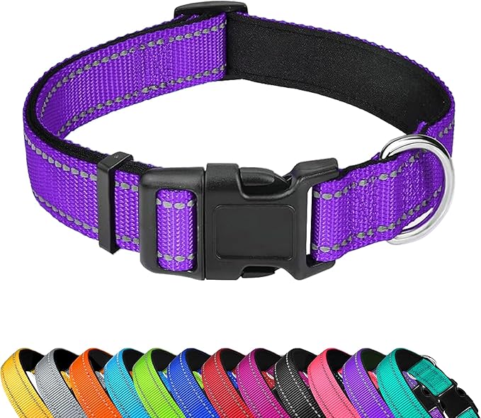 Reflective Dog Collar, Adjustable Soft Neoprene Padded Nylon Pet Collars with Buckle for Puppy and Small Dogs, Cats, Purple,XS