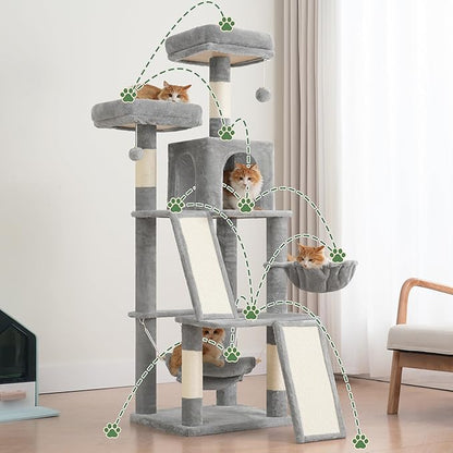Multi-Level Cat Tree for Indoor Cats, Cat Tower with 2 Scratching Boards, 2 Plush Padding Platforms, Cat Condo House with Hammock, Basket, Light Gray GCT022W
