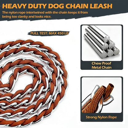 Chain Dog Leash Chew Proof Metal Leash for Medium Large Dogs, Chain Link Dog Anti Chew 5.2FT / 4FT Strong Anti Bite Comfortable Soft Padded Handle (Brown, 4FT（80-150lb）)