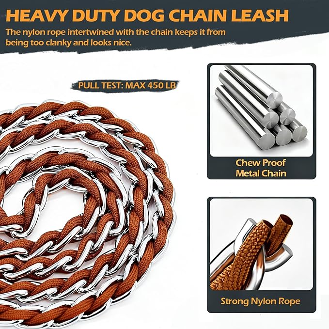 Chain Dog Leash Chew Proof Metal Leash for Medium Large Dogs, Chain Link Dog Anti Chew 5.2FT / 4FT Strong Anti Bite Comfortable Soft Padded Handle (Brown, 4FT（30-80lb）)