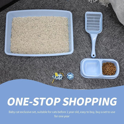 PAWISE Cat Litter Box Set, Small Cat Kitten Starter Kit, Includes Cats Toilet Kitten Litter Pan with Litter Scoop, Double Dish Cat Bowl, Kittens Mouse and Ball Toy