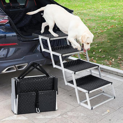 Uross Dog Stairs for Car 4 Steps Suitable for Car Trunk Heights 23"-26"- Collapsible Dog Steps for Car and SUV, Aluminum Pets Stairs for Large Pets, Telescoping Pet Step Ladder for Truck, High Bed