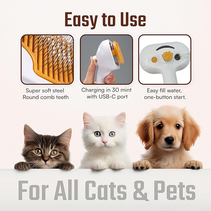 Cat Steam Brush 2024 New Rechargeable Self-Cleaning Pet Grooming Tool for Indoor Cats Long and Short Hair Cats and Dogs Steamy Hair Comb Steamy Massage Shedding Relief, white