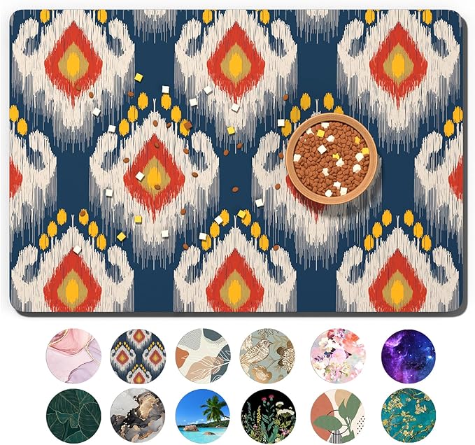 Dog Food Mat, 16" x 24" Boho Absorbent Dog Cat Bowl Mat for Food and Water, Cute Anti-Slip Rubber Pet Feeding Rug Protect Floors, Placemat for Feeding & Watering Supplies, Abstract Art