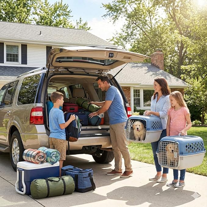Portable Double Door Plastic Pet Carrier for Dogs & Cats - 24" Durable Ventilated Kennel with Top Loading, Airline Approved, Foldable Design for Travel & Vet Visits