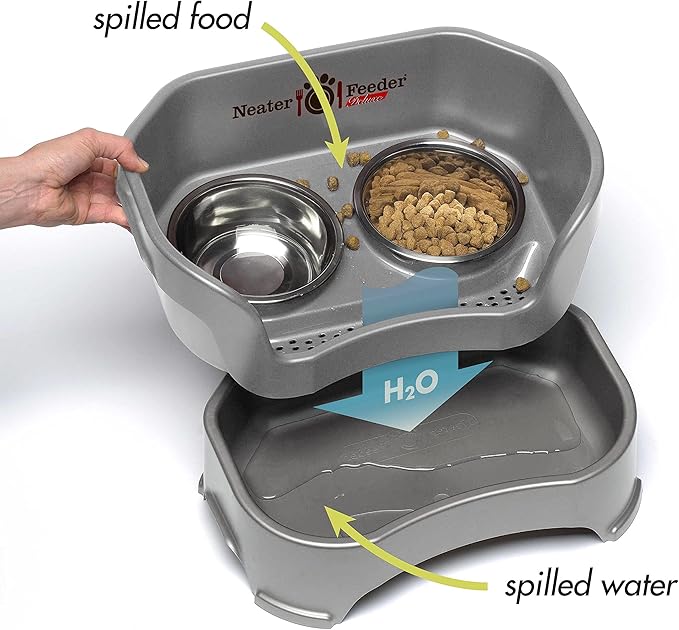 Neater Feeder Deluxe Mess-Proof Elevated Dog Bowls for Large Dogs (40+ lbs), 2 Height Adjustable (14.5” & 17.5”) No-Spill Raised Dog Bowl Stand, Stainless Steel Food Bowl Set, Made in USA, Grey