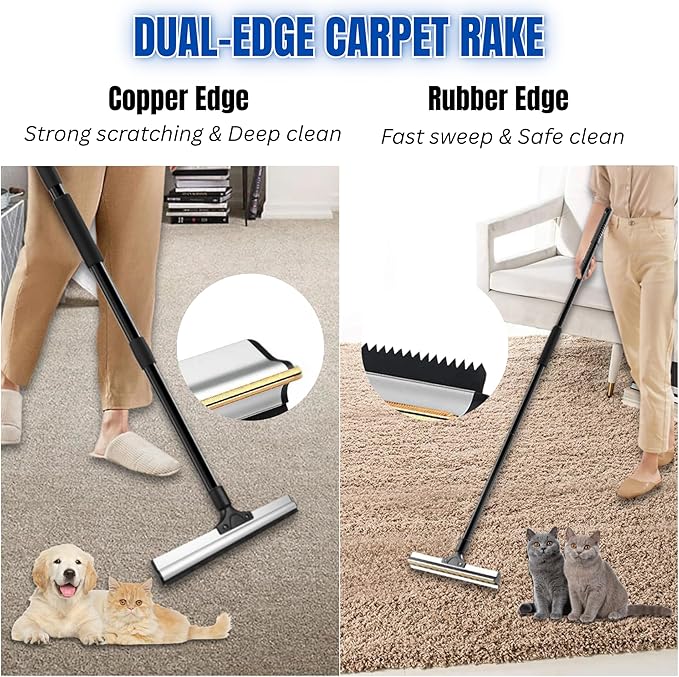 Dual-Edge Carpet Rake for Pet Hair Removal & Fluffing Matted Carpet – 61" Adjustable Handle, Deep Clean Dog & Cat Hair Remover, Reusable Scraper for Rugs, Low Pile Carpet, Couch & Stairs