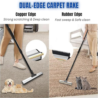 Dual-Edge Carpet Rake for Pet Hair Removal & Fluffing Matted Carpet – 61" Adjustable Handle, Deep Clean Dog & Cat Hair Remover, Reusable Scraper for Rugs, Low Pile Carpet, Couch & Stairs