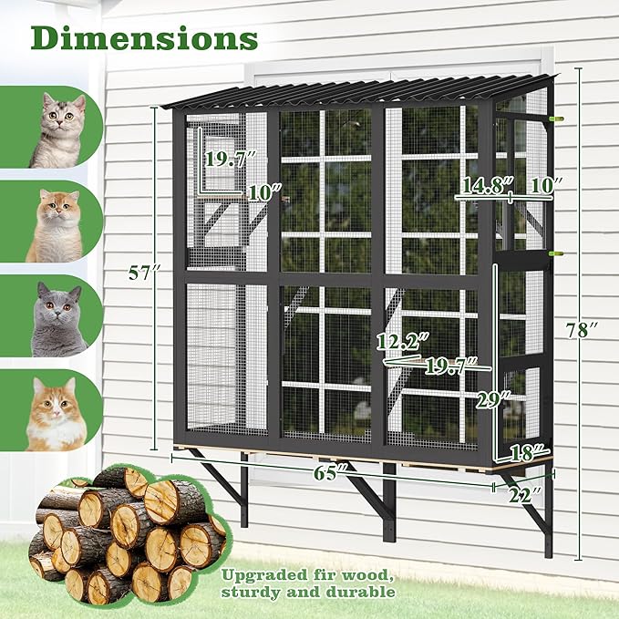 Catio Outdoor Cat Enclosure Window Perch, Expandable Cat Window Box for Multiple Indoor Cats w/4 Platforms & 4 Doors, Patio Kitten House for Sunbathing Overlooking Tunnel Connection (Black)