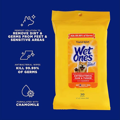 Wet Ones for Pets Paw & Tushie Dog Wipes with Chamomile, Tropical Splash Scent - Cleansing Wipes for Paws and Butt Between Baths with Wet Lock Seal, 30 Count - 8 Pack