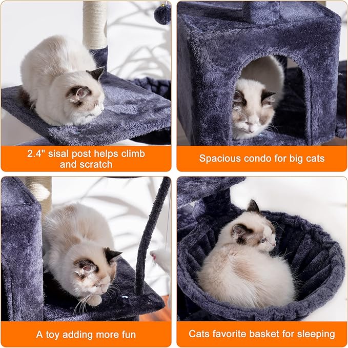 Heybly Cat Tree with Toy, Cat Tower Condo for Indoor Cats, Cat House with Padded Plush Perch, Cozy Hammock and Sisal Scratching Posts, Smoky Gray HCT004G
