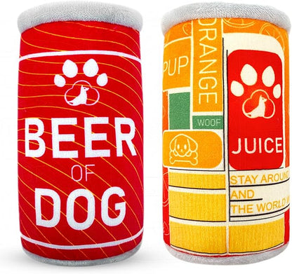 Squeaky Plush Dog Toys 2 Pack - Funny Beer Puppy Toys with Squeaker for Small Medium Large Dogs, Soft Stuffed Chew Toys for Birthday Gifts(Red&Orange)