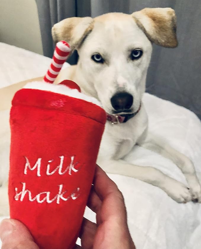Glow Pups Dog Toys, Squeaky Milkshake Plush Dog Toy for Puppies, Easy to Clean, Promotes Mental Stimulation, Keeps Dog Entertained, Crinkle Sound, Red