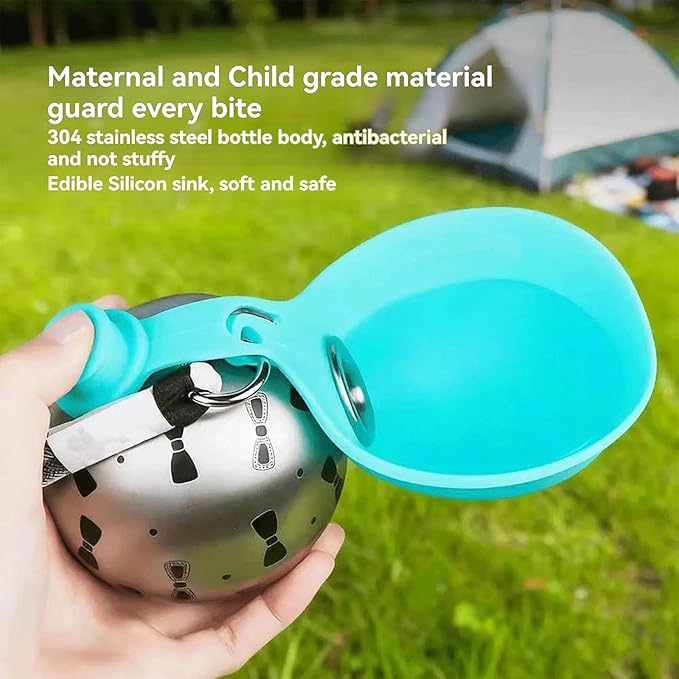 Portable Dog Water Ball, Foldable Pet Water Bottle – Portable, Leak-Proof & Perfect for Travel, 304 Stainless Steel Large-Capacity (287ml) Cup with Foldable Silicone Bowl (Pink with Print)