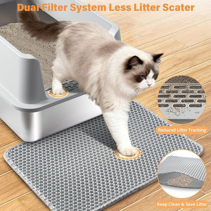 2PACK Stainless Steel Litter Box, XL Cat Litter Box with Lid for Big Cat, Extra Large Metal Litter Boxes with High Side, Non-Stick, Odor-Resistant, Anti-Urine Leakage, Includes Mat & Scoop