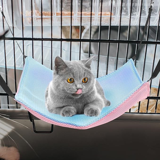 BESTYASH Cat Hammock for Cage Hanging Small Pet Mesh Bed Reversible Breathable Double-Sided Hammock with Hooks for Cats and Small Animals, Size M, Pink Blue