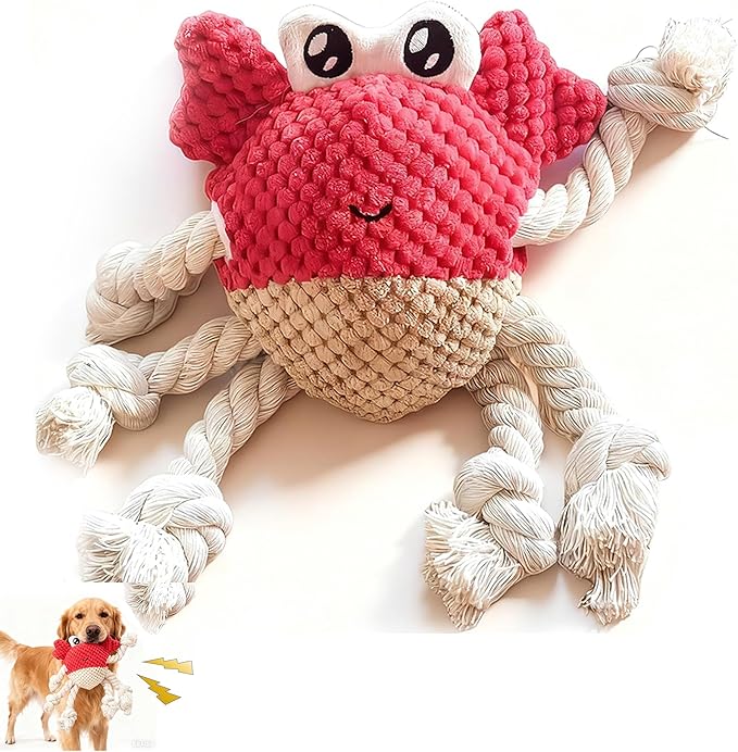 Plush Squeaky Crab Dog Toy with Rope Legs - 5.5''X9.5'' Durable Dog Chew Toy for Small Dogs | Built-in Whistle Sounds | Teeth Cleaning | Interactive Dog Toys （RED）