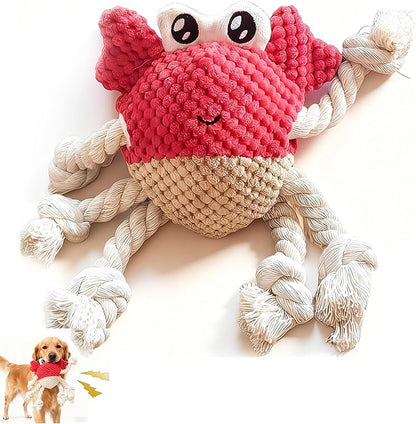 Plush Squeaky Crab Dog Toy with Rope Legs - 5.5''X9.5'' Durable Dog Chew Toy for Small Dogs | Built-in Whistle Sounds | Teeth Cleaning | Interactive Dog Toys （RED）