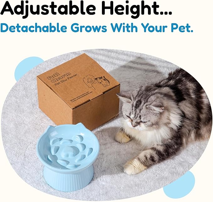 Unbreakable Raised Slow Feeder Bowl for Cats and Small Dogs, Elevated Cat Bowls, Detachable Slow Feede Bowl, Heavy Weighted, Non-Slip Feeder, Dry & Wet Food, Whisker Friendly (Blue; 6.2'')