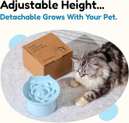 Unbreakable Raised Slow Feeder Bowl for Cats and Small Dogs, Elevated Cat Bowls, Detachable Slow Feede Bowl, Heavy Weighted, Non-Slip Feeder, Dry & Wet Food, Whisker Friendly (Blue; 6.2'')